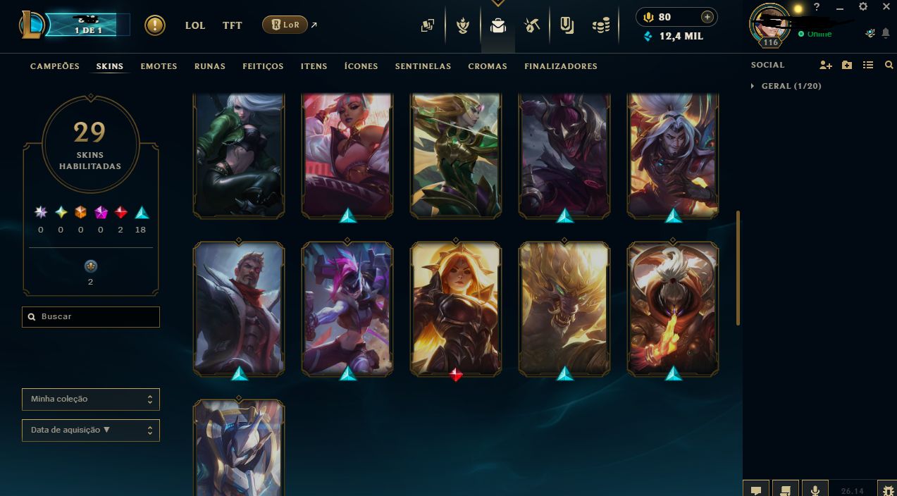 Conta League of legends lvl 116 com 29 skins criada em 2021