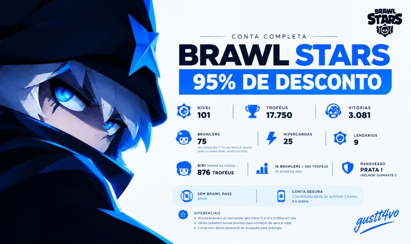 BRAWL STARS 75 BRAWLERS | NÍVEL 101 | 17.750 TROFÉUS | 9 LENDÁRIOS | 166 SKINS