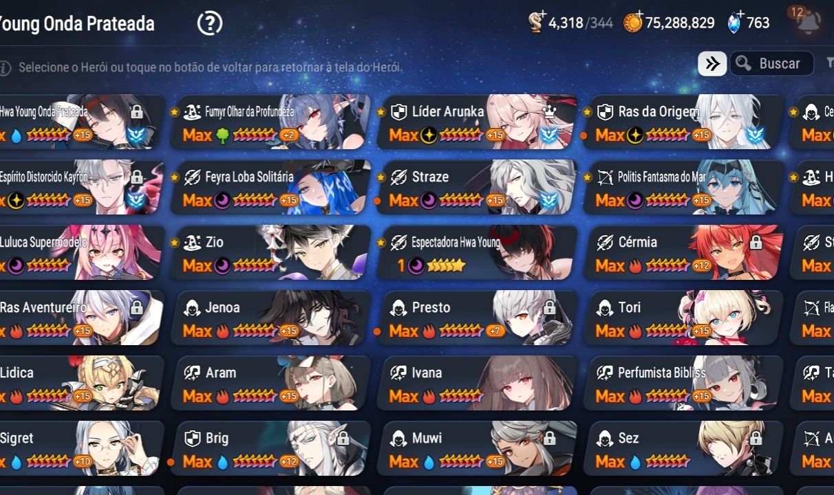 Conta de epic seven com bastante personagens