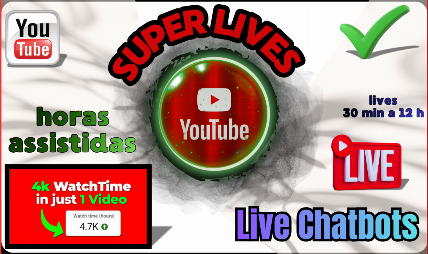 LIVES+BARATAS DO SITE, Youtube Lives + ChatBots/WATHCTIME [Horas Assistidas].