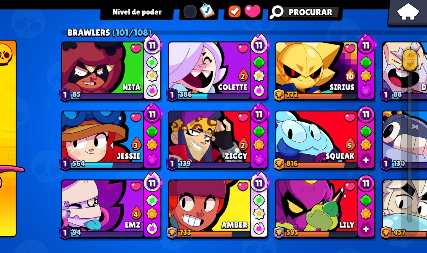 CONTA BRAWL STARS COM 101/108 BRAWLERS/SKINS DE TODAS RARIDADES