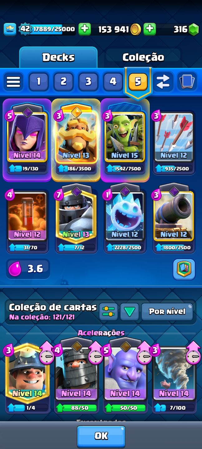 8.7K Troféus | KT 14 | Level 42 | 9 Evoluções | 121 Cartas Liberadas | 31 Emotes