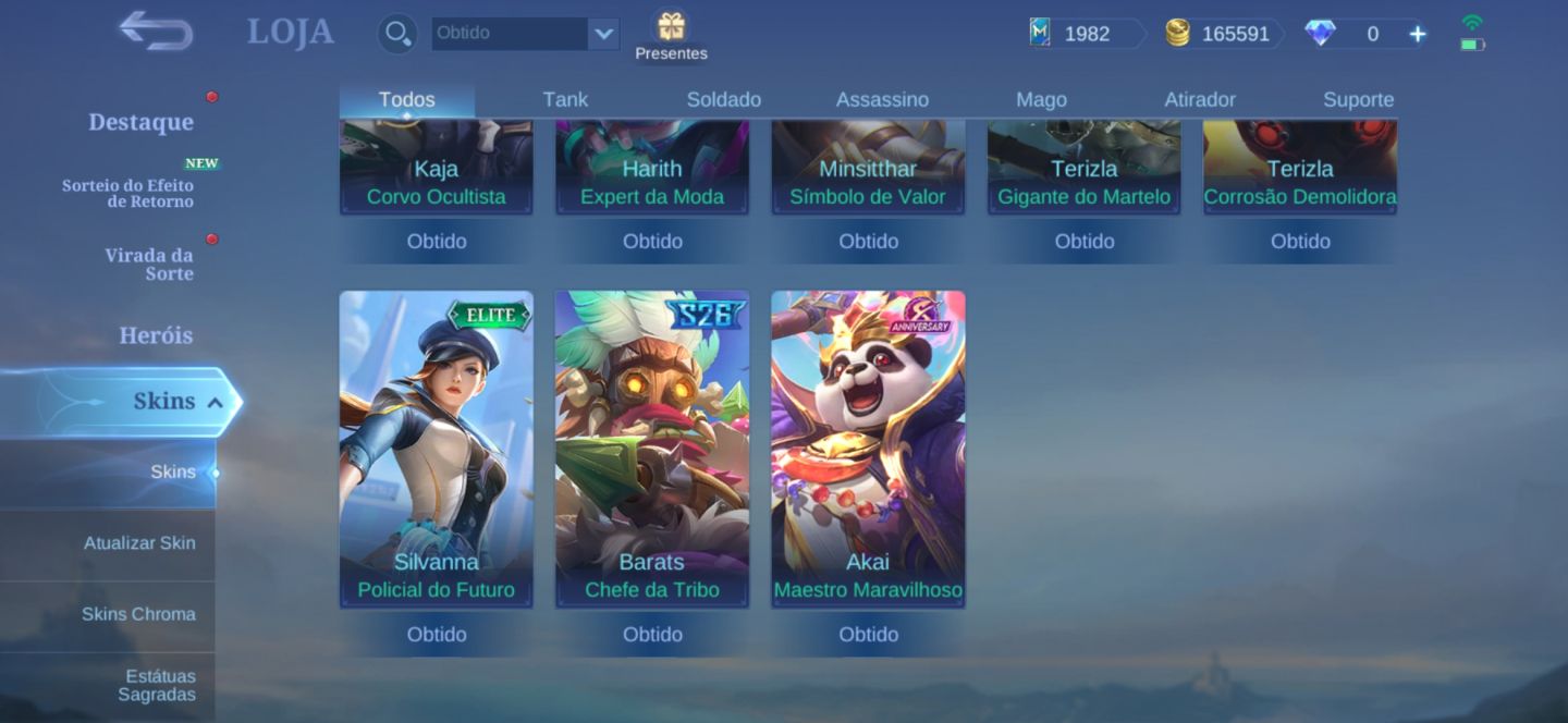 Conta - Mobile Legends (2017) - Skins de passe antigas (S1 - S2)