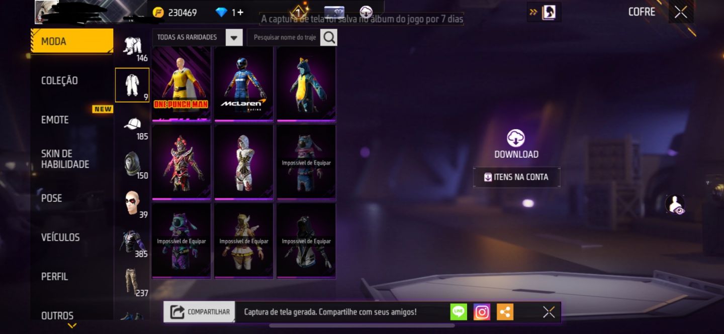 Conta Free fire level +70 com punho e naruto e tudo mais!!