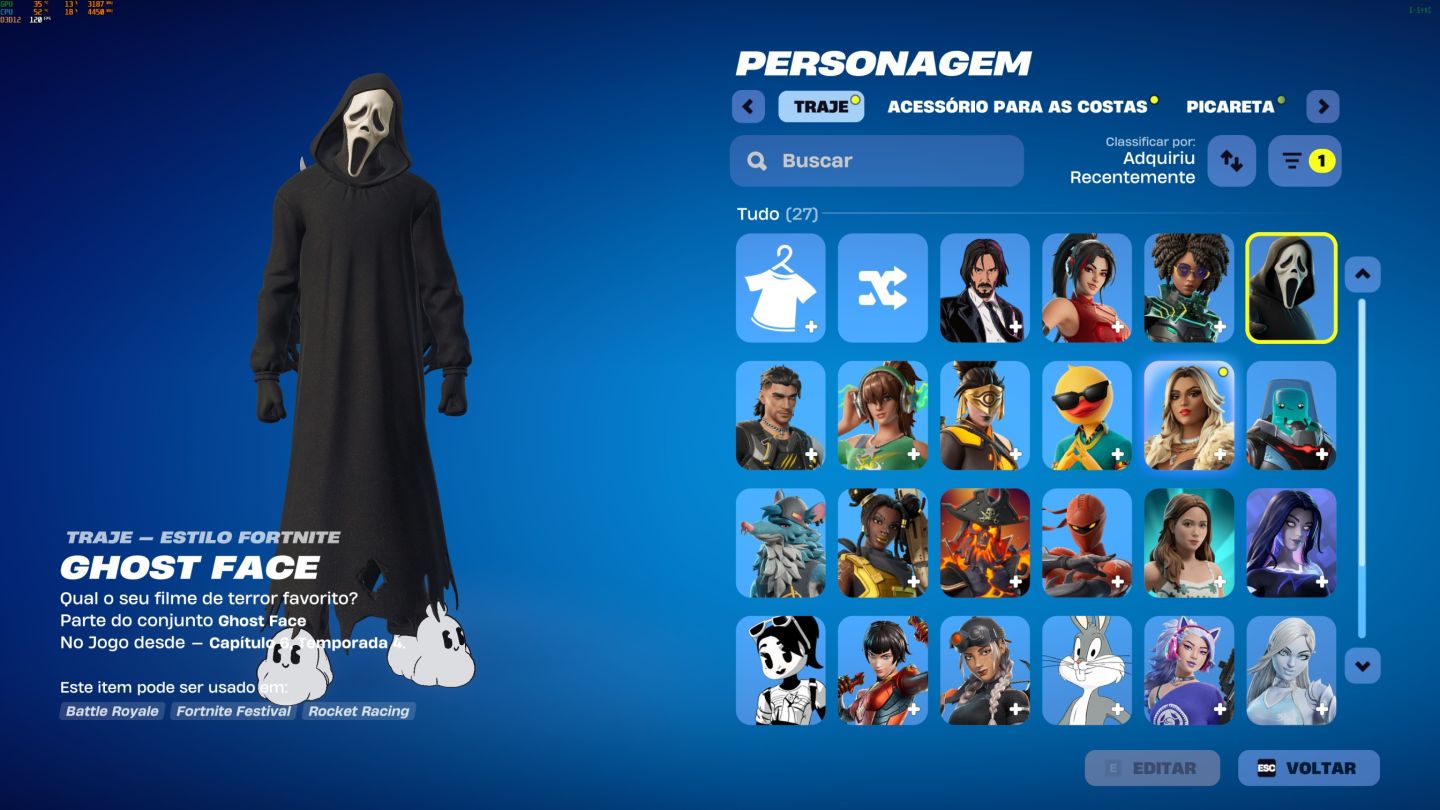 Conta fortnite com pacote ghostface pacote cartoon e creww