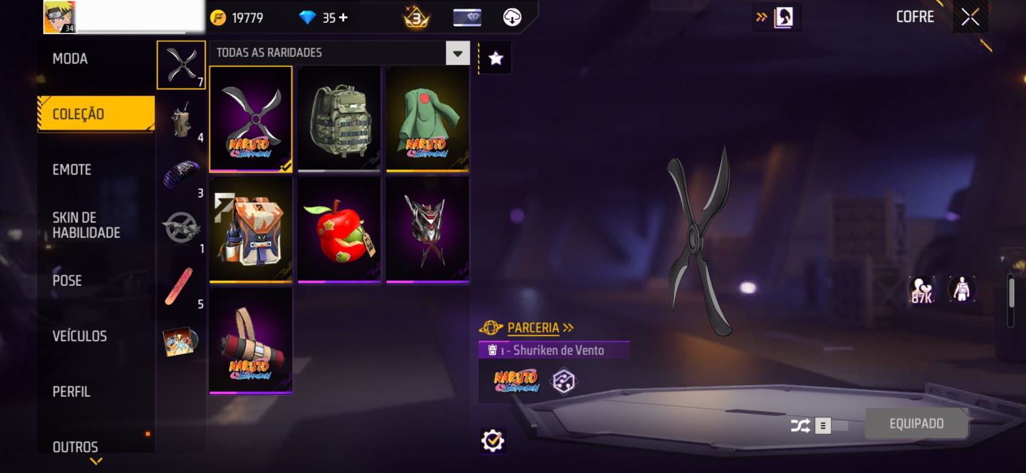 CONTA FF COM SKINS DA PARCERIA NARUTO + 2 EVO
