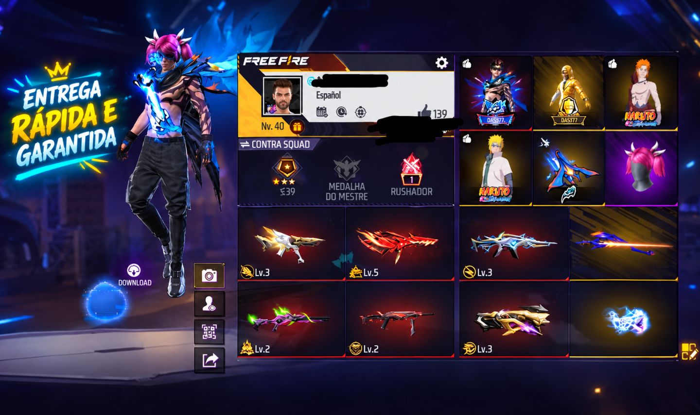 OPORTUNIDADE ÚNICA 6 EVOLUTIVAS+NARUTO+PUNHO+SKIN LENDARIAS+EMOTE DE ENTRADA