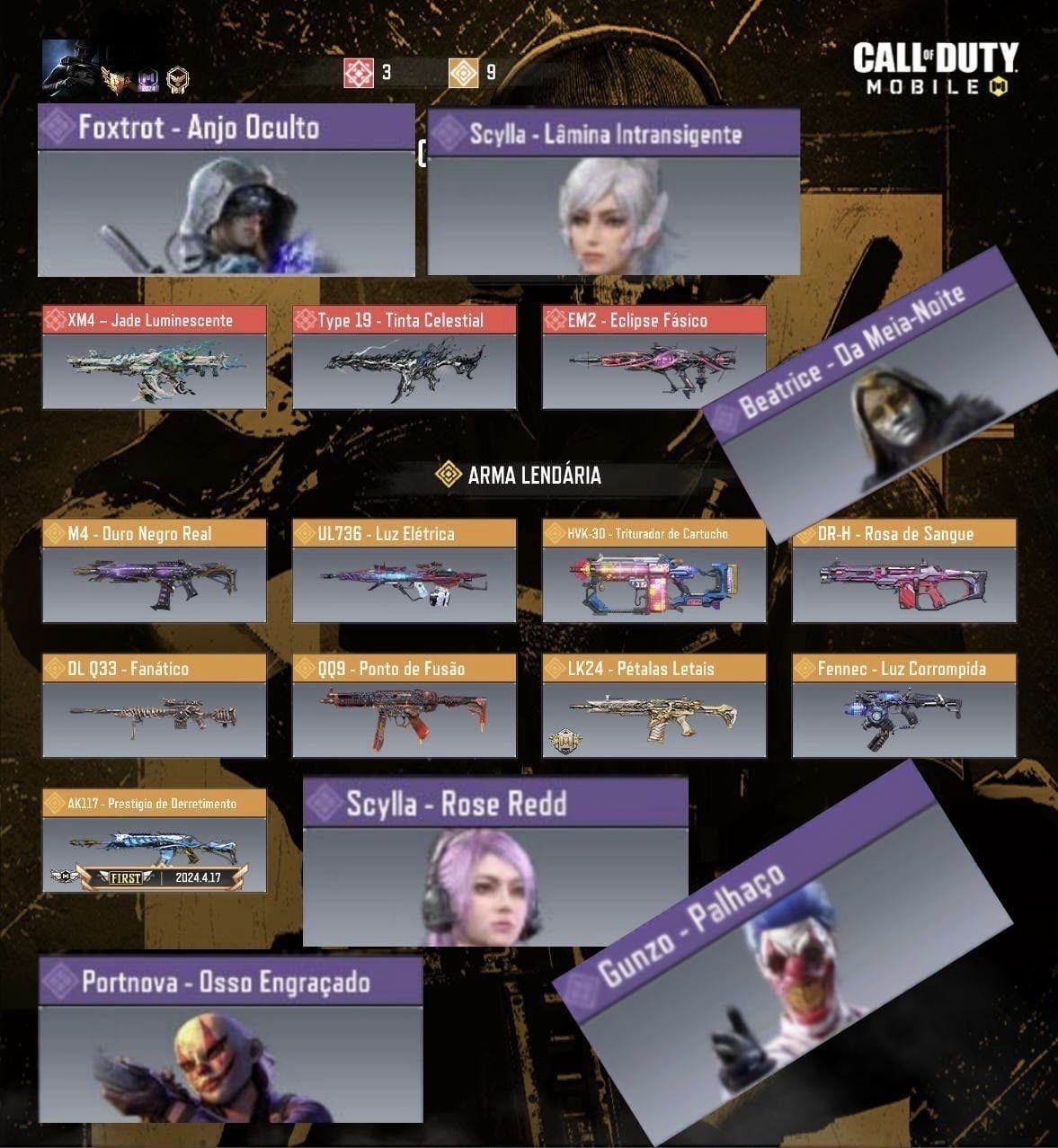 CONTA COD MOBILE COM 3 ARMAS MÍTICAS / 10 LENDÁRIAS / 1 PRESTÍGIO, VÁRIAS SKINS