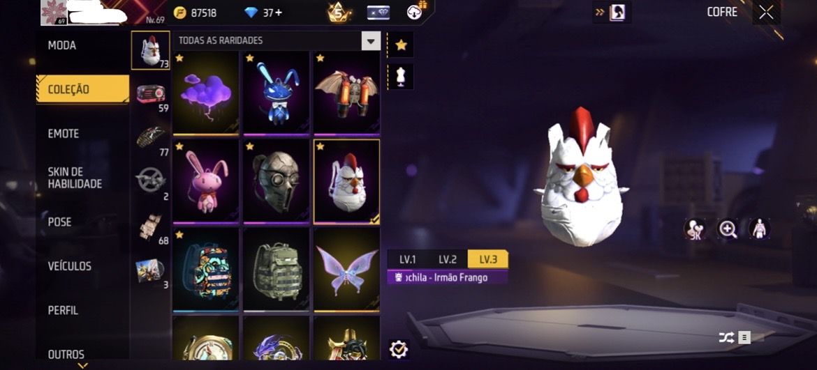 Conta de Free Fire com 2,3,7,8 passe, Incubadora Fitinha, kit angelical.
