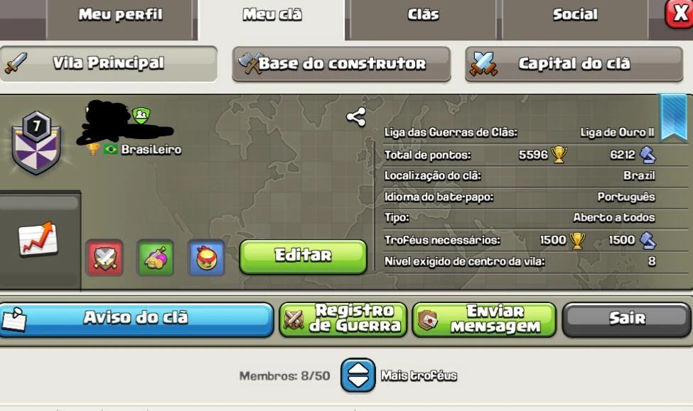 Clash Of Clans Clã de Nível 7 e Capitólio Nível 6 e Liga Ouro com CV 16 com lide