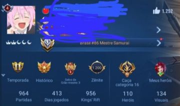 Conta de honor of kings main yao com 62% de wr