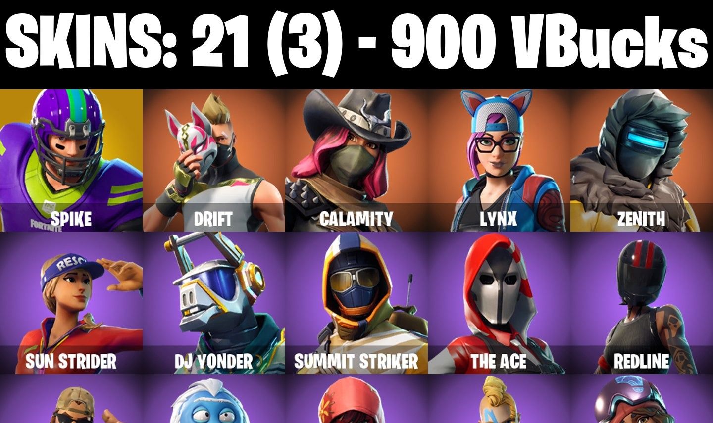 Conta Fortnite com Spike | Drift | Calamity | Lynx | Zenith | Sun e 21 Skins