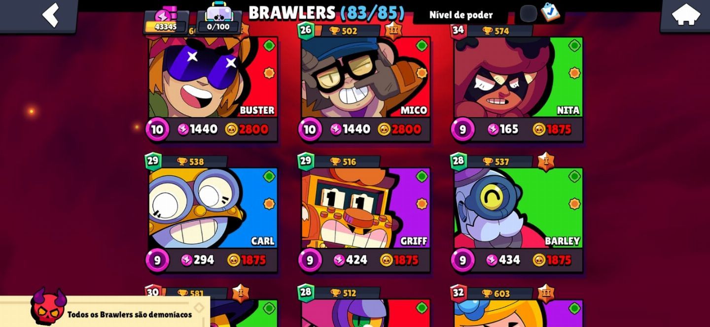 CONTA BRAWL STARS 83/85 BRAWLERS, 43K TROFÉUS, ANTIGA (2018), MUITA SKIN.