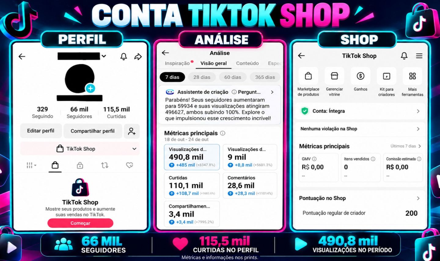 CONTA TIKTOK SHOP ULTRA 66 MIL SEGUIDORES REAIS | 115,5 MIL CURTIDAS