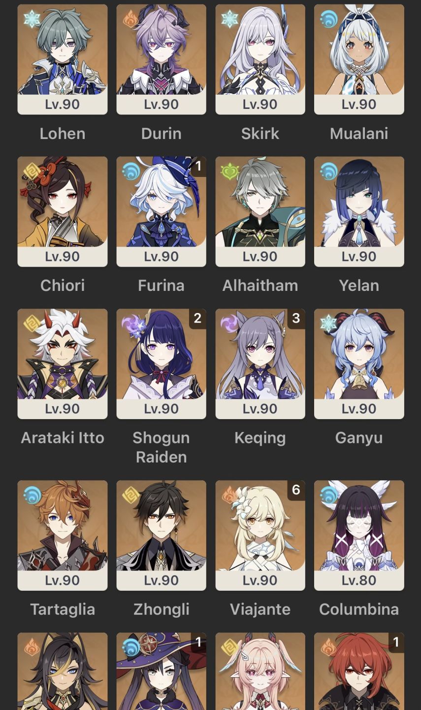 End game, Conta de 2020, Raiden c2 + bis, Furina c1 + bis, lohen, durin, columbi