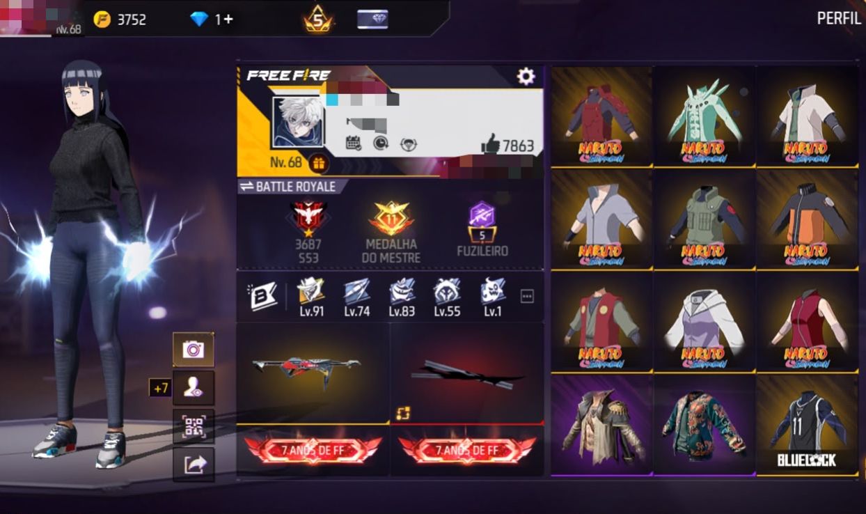 CONTA FREEFIRE COM TODAS AS SKINS DE NARUTO E ARMAS ATRIBUTADAS