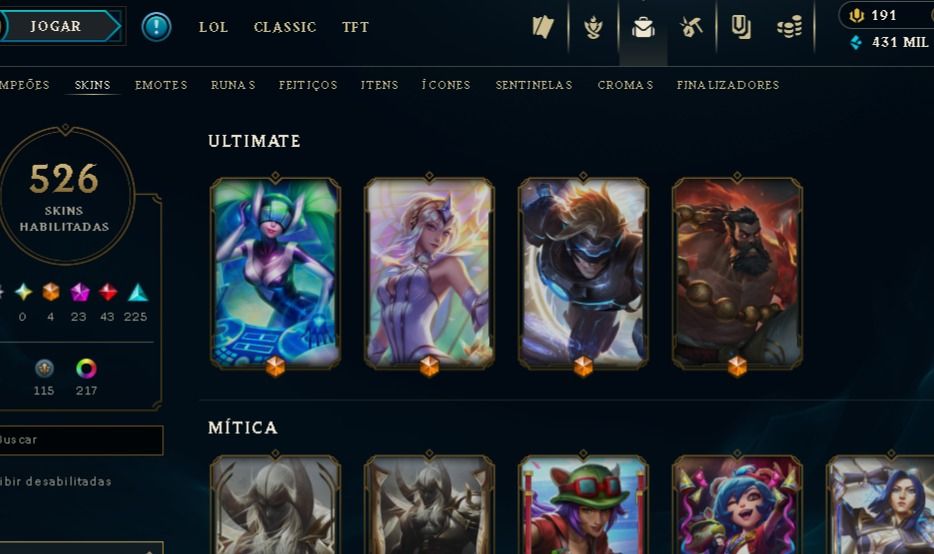 CONTA COLECIONADOR|526 SKINS|SIVIR CAÇADORA/NEO PAX|QIYANA+AATROX PRESTÍGIO2022