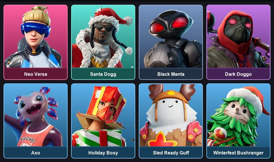 Conta 9 Skins - NEO VERSA - SANTA DOGG - DARK DOGGO - BLACK MANTA - AXO