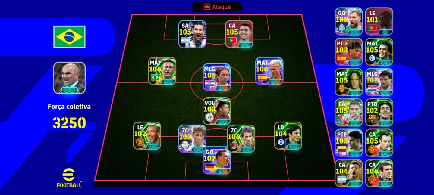 CONTA EFOOTBALL 3250 DE FORÇA COM NEYMAR 106,NEUER 107, OLMO 105,BARESI 106,CR7