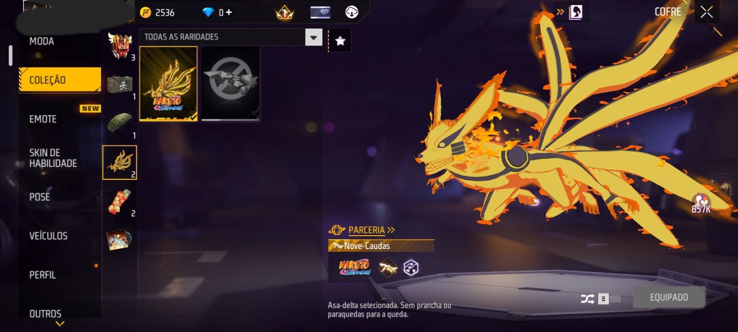 CONTA COM FURIA SOBRE RODAS + AGUIA RUBLIA + ASA DELTA NOVE CALDA + EMOTE NARUTO