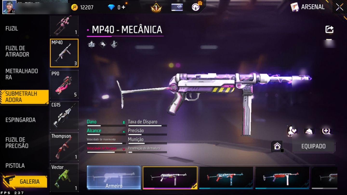 Conta Free Fire nível 51, várias skins de armas, paredes de gel e diversos itens