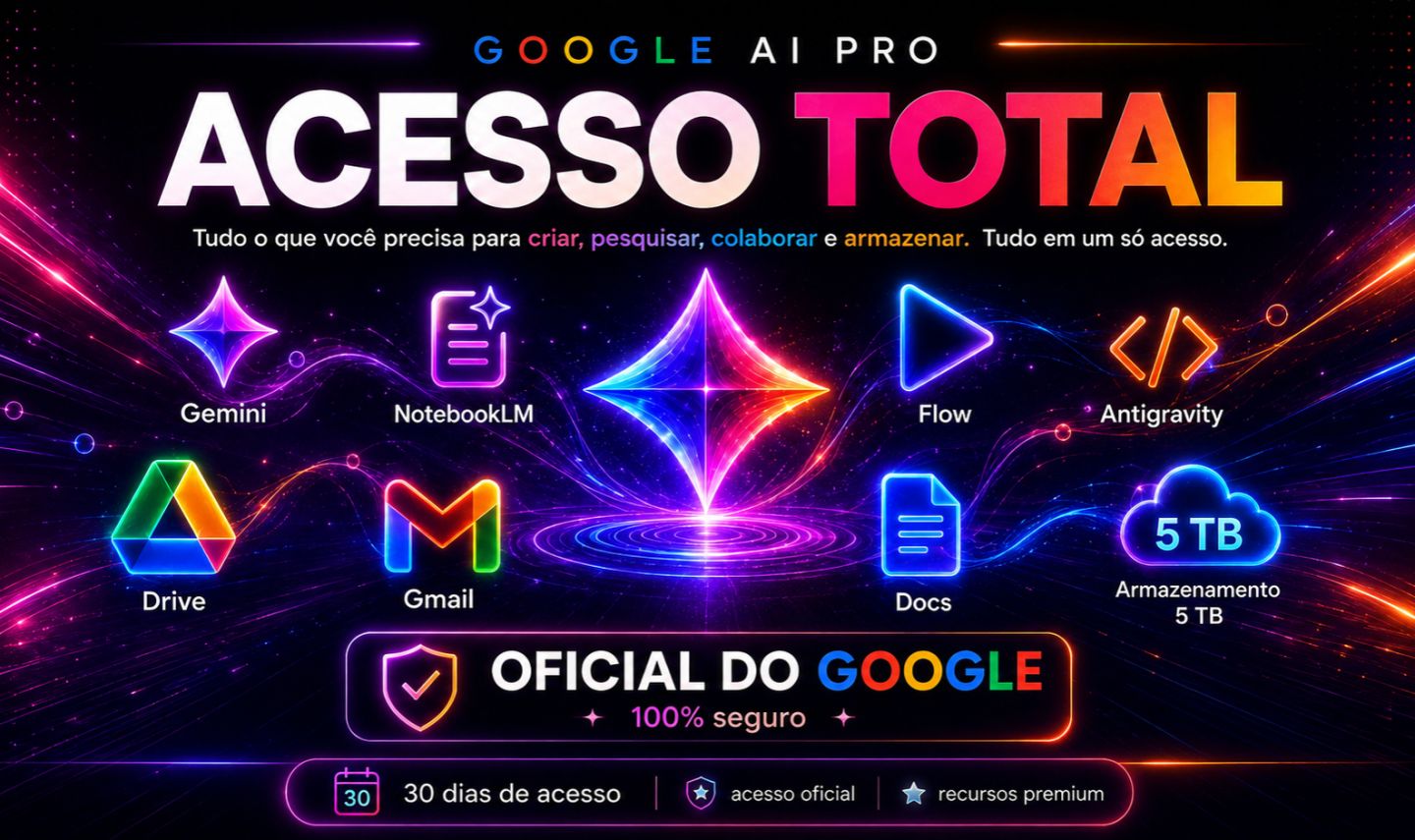 Google AI Pro 30 Dias | Gemini 3.1 Pro + 5TB + Flow 1K + Veo + NotebookLM