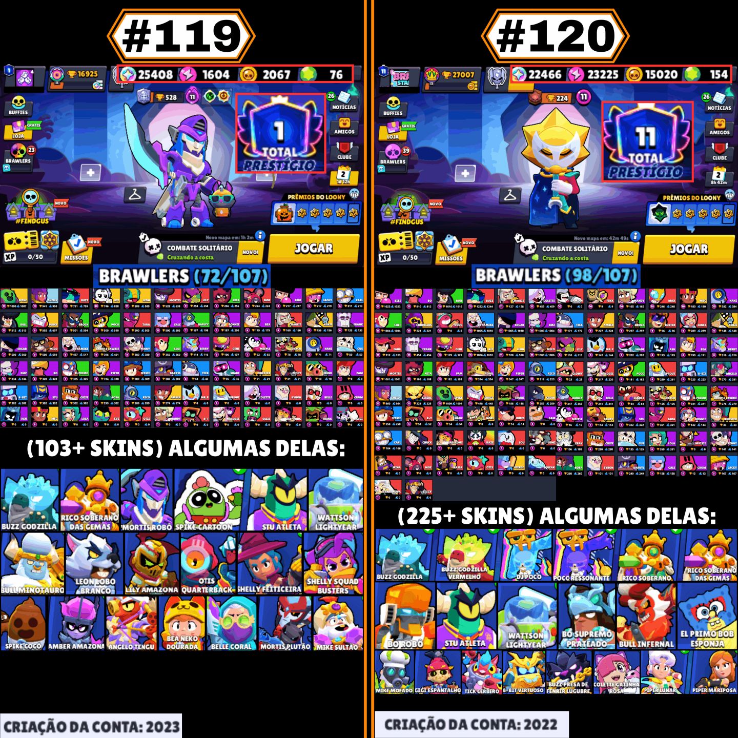 CONTAS BRAWL STARS | LENDÁRIOS, HIPERCARGAS, SKINS RARAS, P11, GEMAS, TROFÉUS