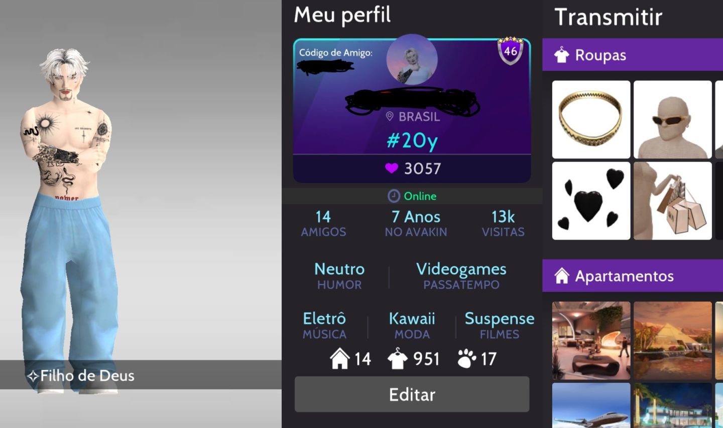 Conta avakin: Nível 46, conta com vários itens