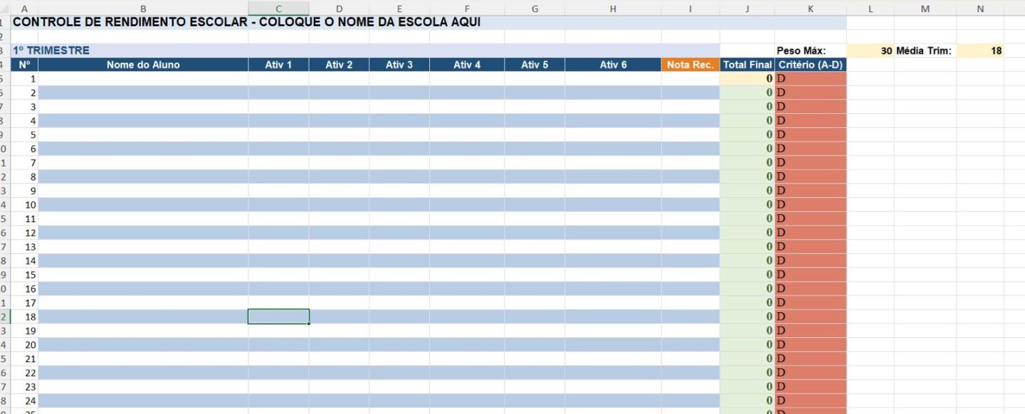 Planilha para lançar notas no automático