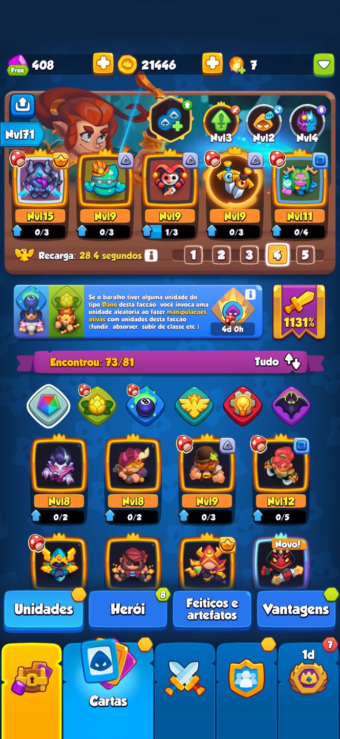 Conta Rush Royale High Tier | Caçador de Demônios Nvl 15 (Max) | 1131% crit