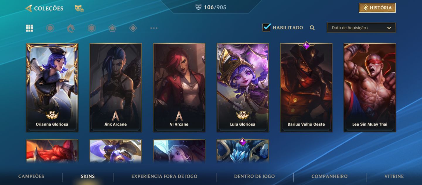 Conta WR 106 Skins + 6 Gloriosas Season 1 - Todas Lendárias + Jinx Guardiã Estel
