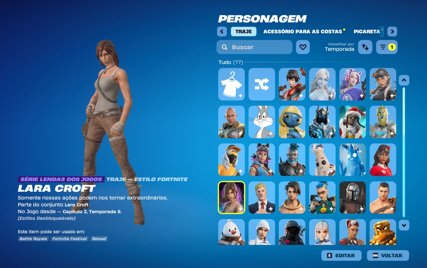 CONTA FN - Midas Dourado, Iris, Lara Croft, PASSE da Marvel FULL + 7 PASSES, etc