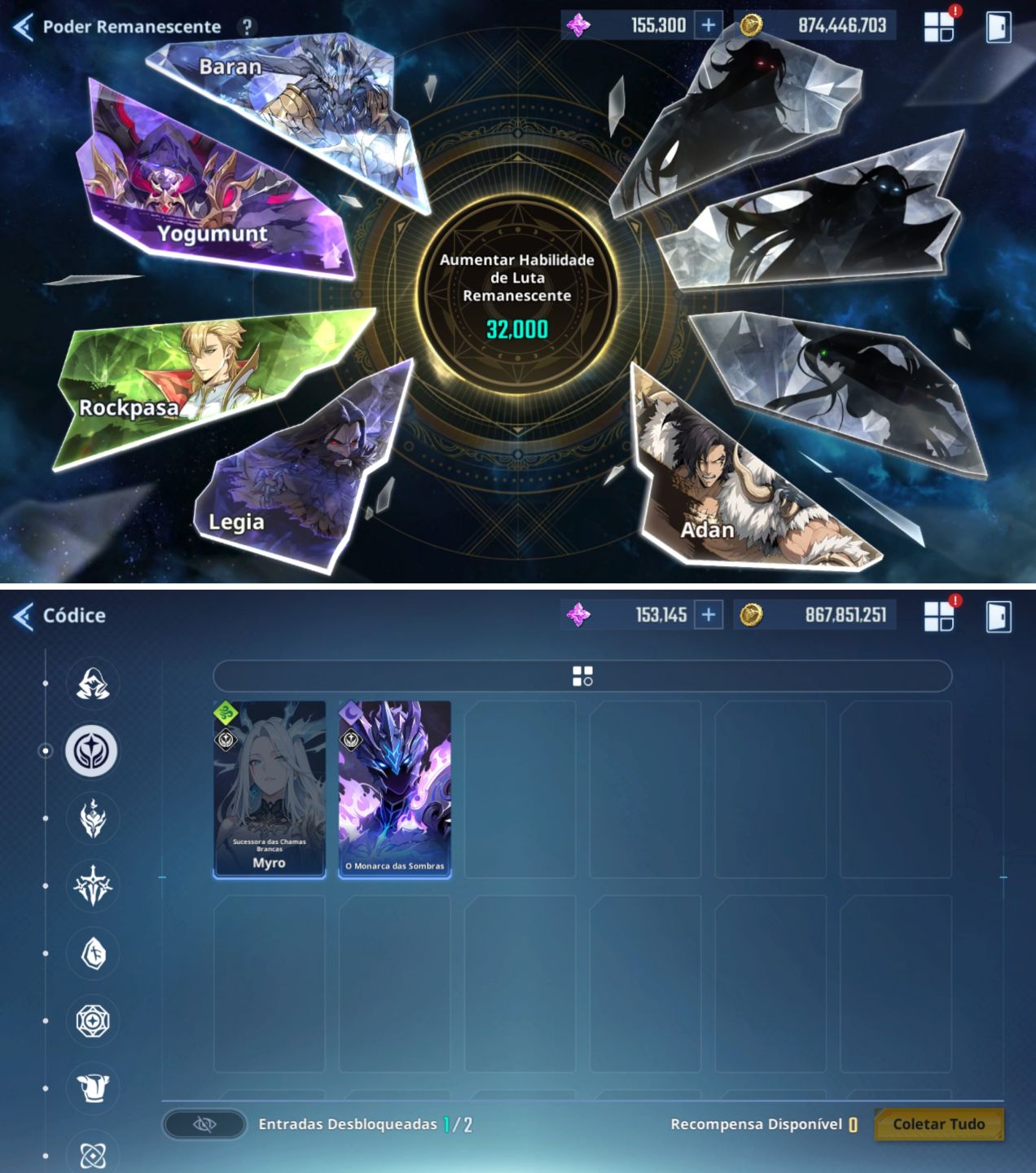 Conta Solo Leveling Arise: +150k Núcleos Magicos, +870M Gold