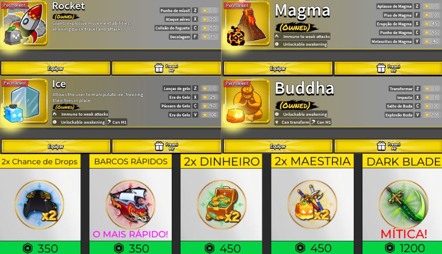 Conta de Blox Fruits Full com Buddha, Magma e Ice perm e Gamepass Dark blade V3