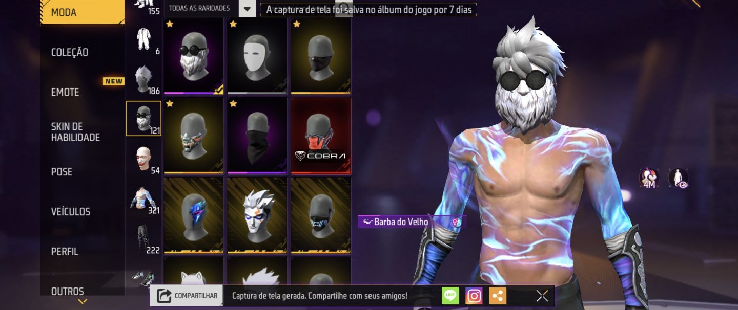 CONTA FREE FIRE COM BARBINHA, SOMBRA ROXA, PEITORAL MANDELA, UMP EVO, 2 ENTRADAS