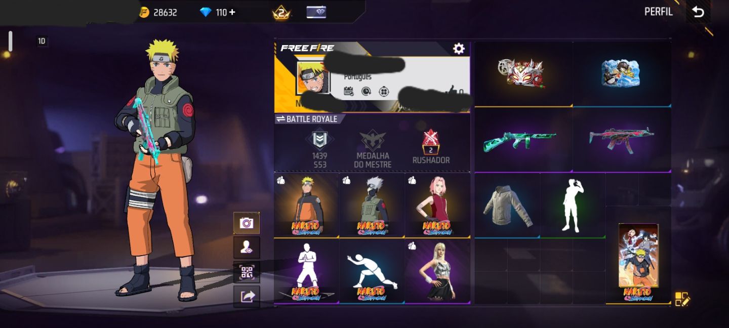 CONTA FF NÍVEL 25 + 3 SKINS DO NARUTO + 2 EMOTES + GELO + 110 DIAMANTES