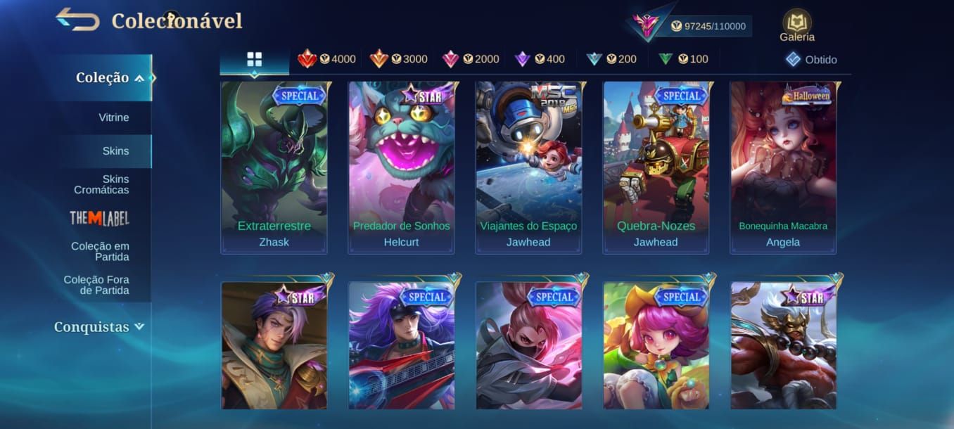 VALOR A NEGOCIAR Conta MLBB Todos os Heróis e várias skins.