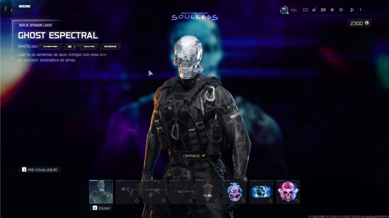 Pacote Premium Warzone Ghost Soulless, Valeria Ice Flow e COD Points