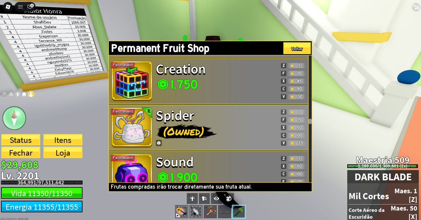 89% DE DESCONTO! CONTA RARA BLOX FRUITS DARK BLADE + SPIDER PERM + FAST BOATS