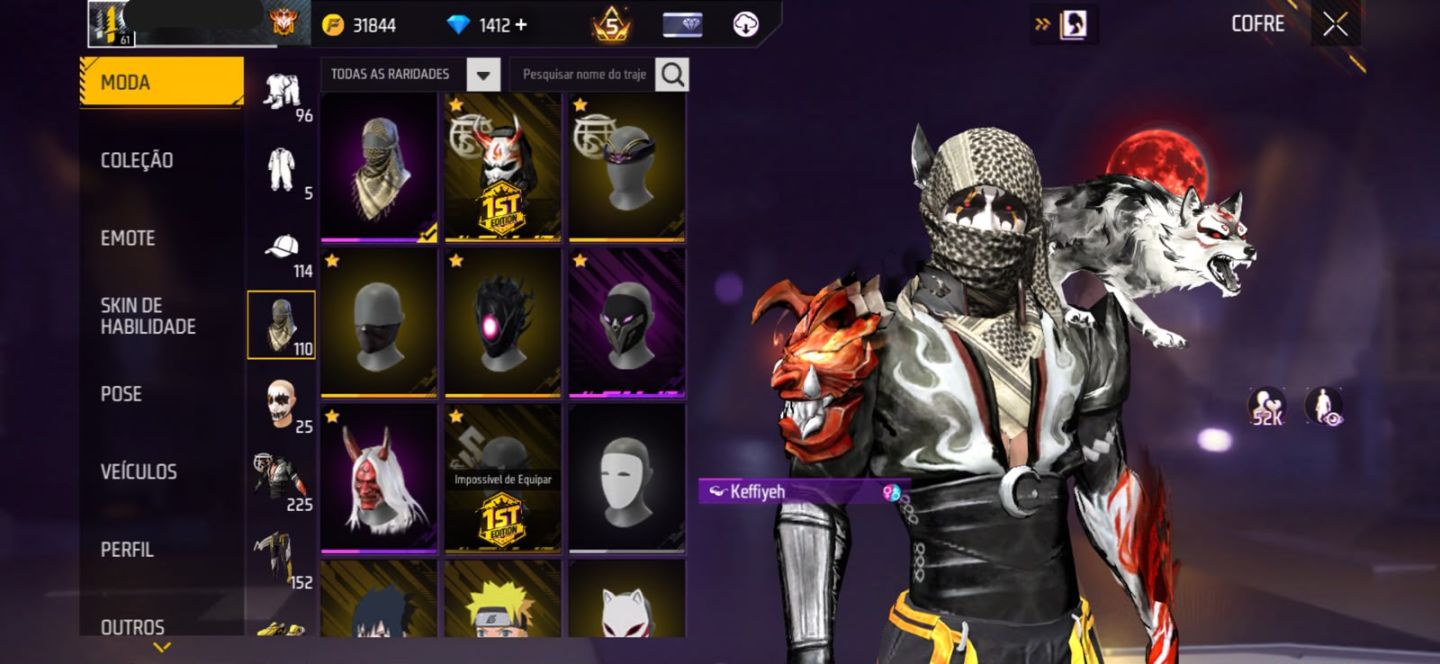 Conta FreeFire 7 Anos | 1372 diamante | Pacote Hashira Sensi | Tds Skins Naruto