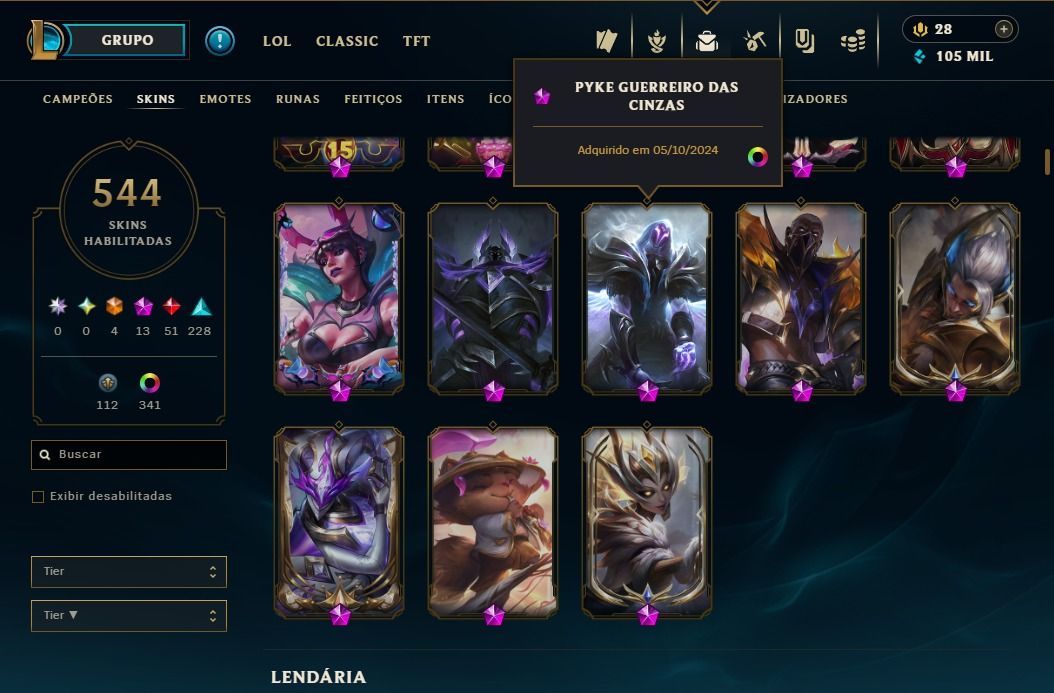 CONTA LOL 544 SKINS + VALORANT | LV 844 | BR
