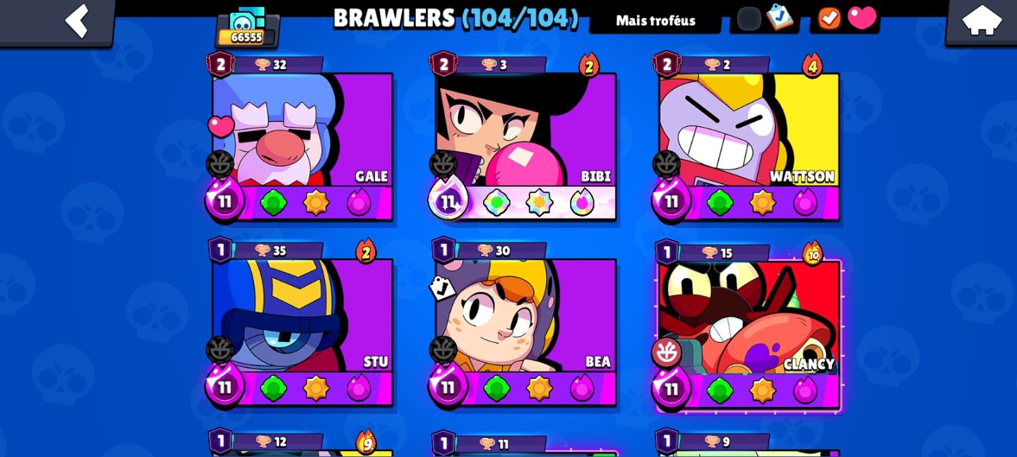 Conta brawl stars 66k , 104/104 brawlers, 40 brawlers full upados,7 passes 40p