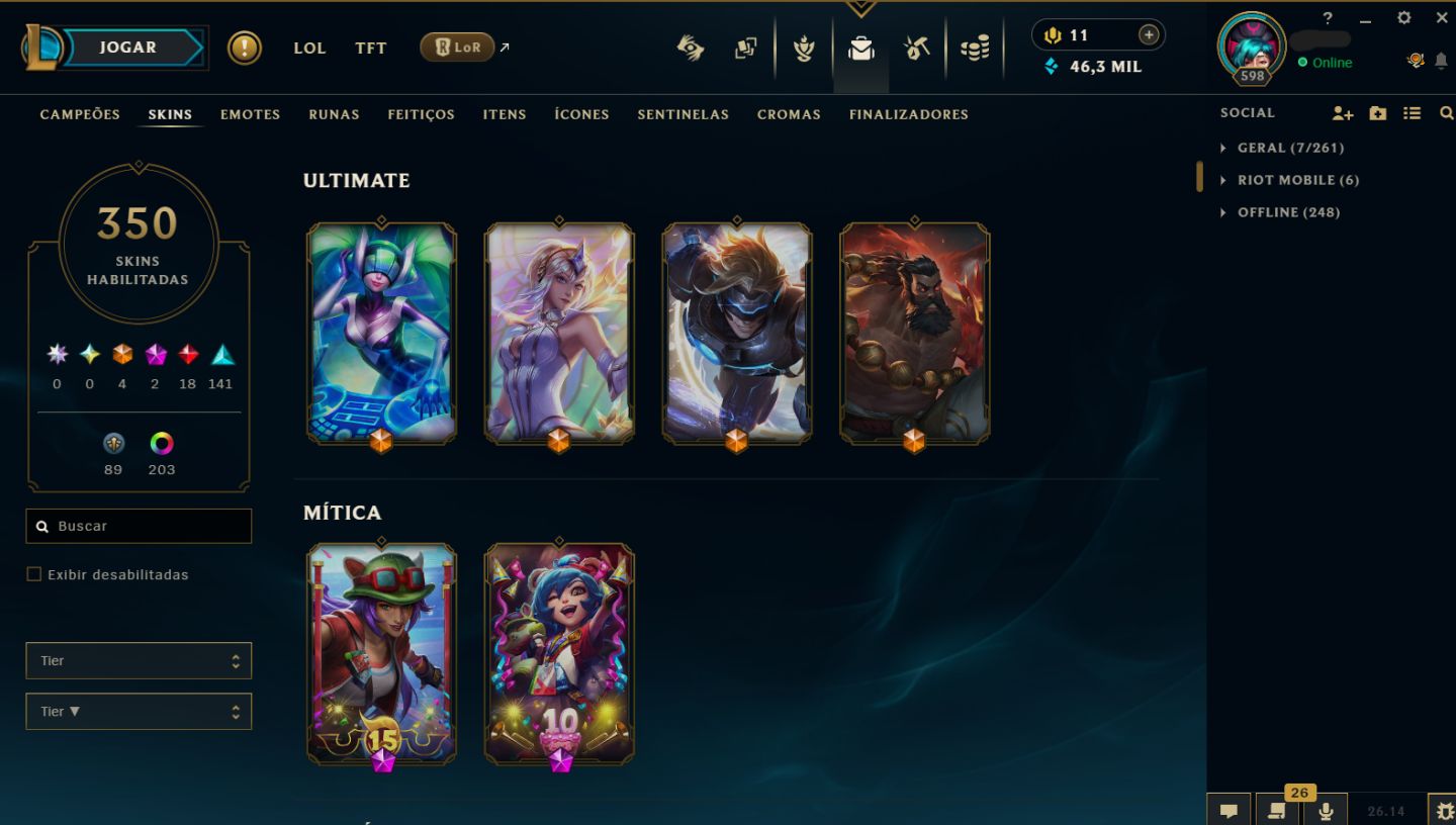 CONTA DE 2015 - 350 SKINS / MMR ESMERALDA I / 203 CROMAS / HONRA 5 /