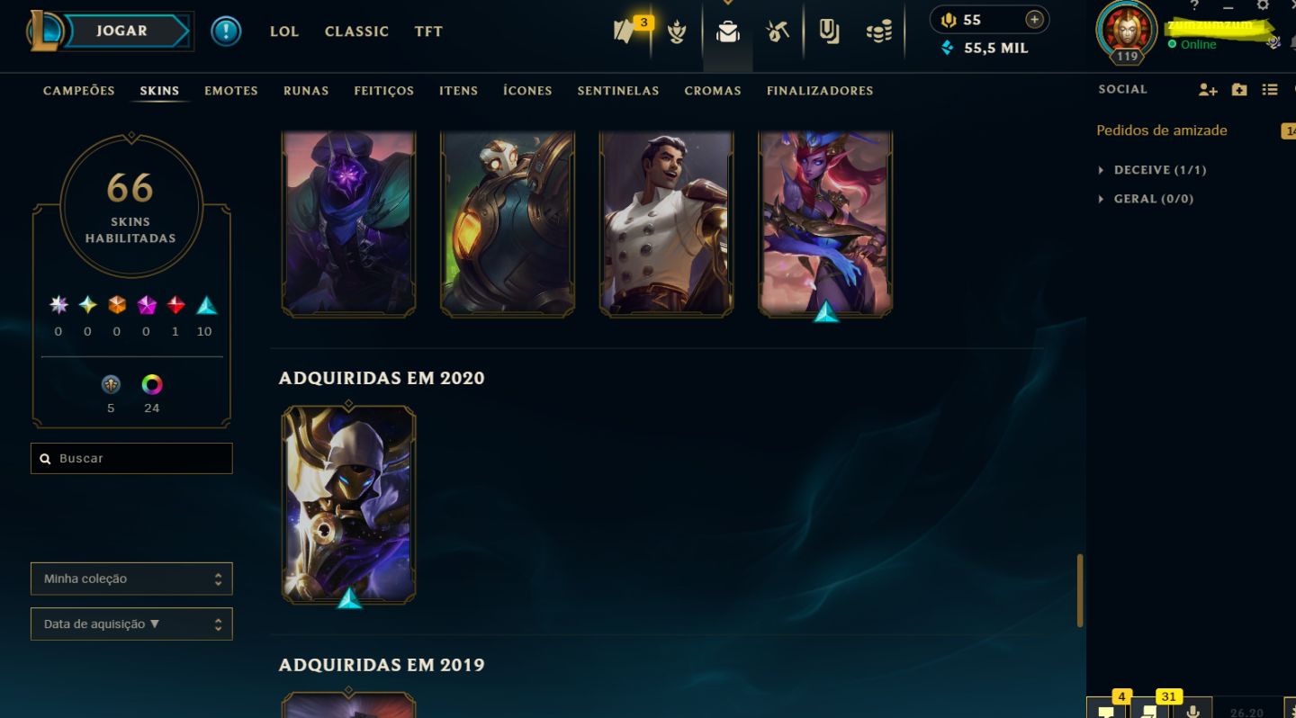 Conta League of Legends, Grão-mestre 1600 pontos, 91 bonecos, 26 skins