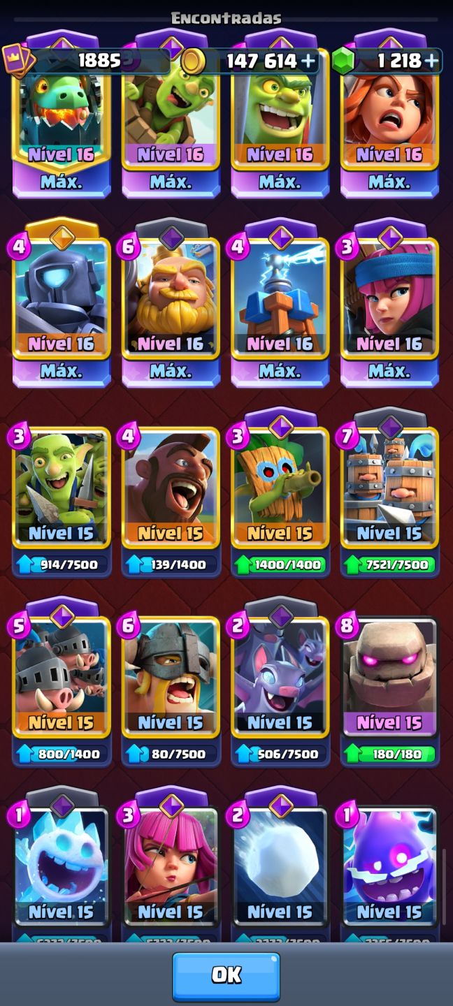 Conta Clash Royale niver da conta 16, vários emoji e evolução.
