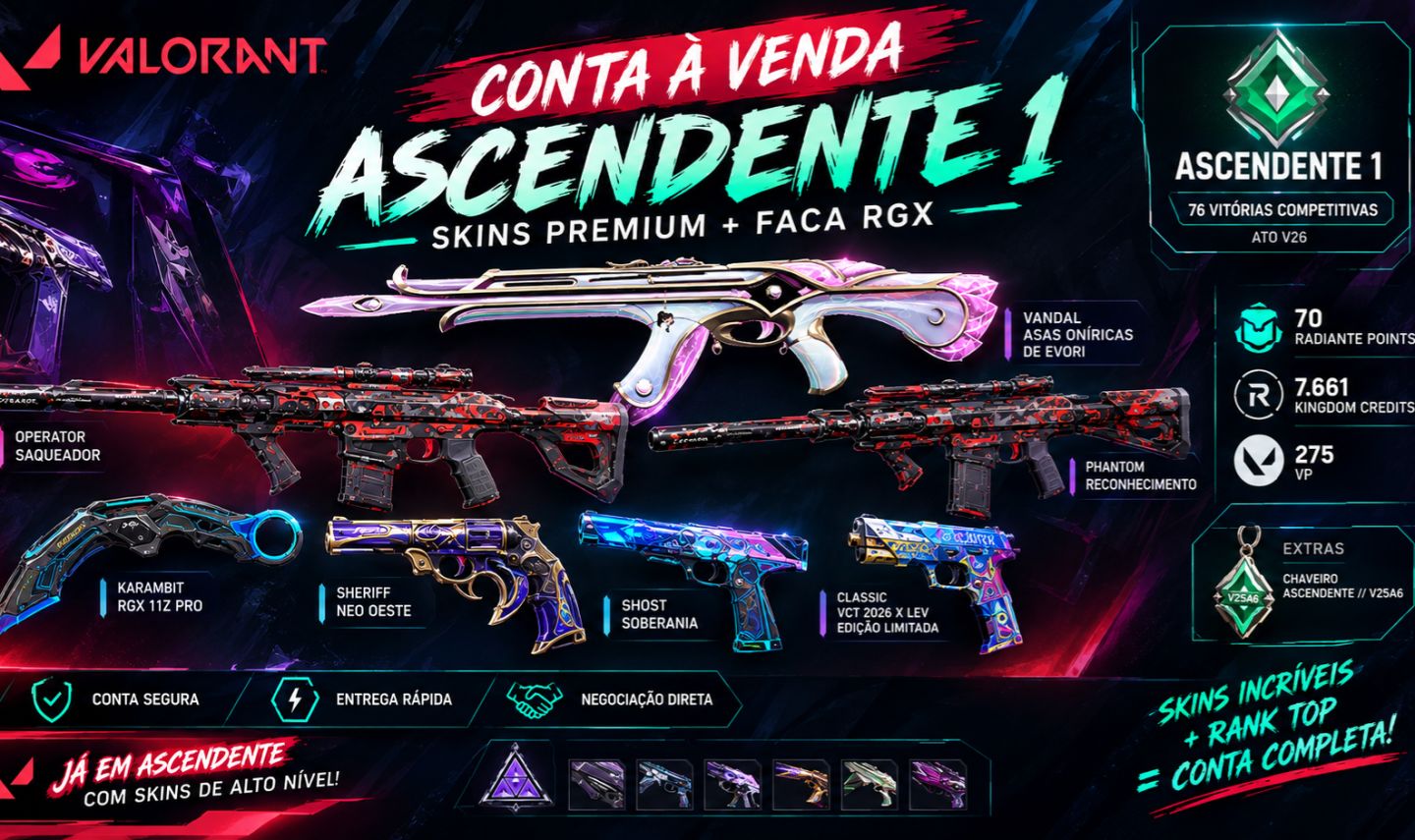 CONTA VALORANT ASCENDENTE 1 | SKINS PREMIUM + FACA VARIADAS + 3.300 investidos