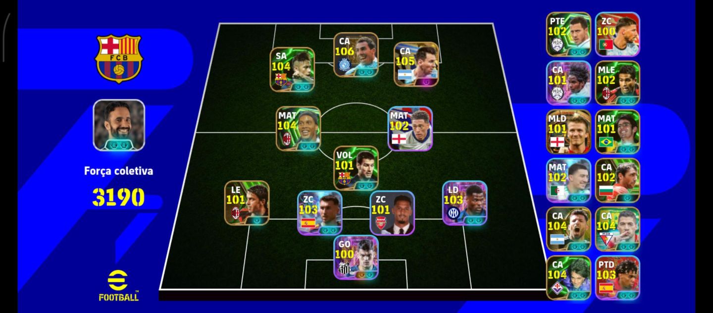 EFootball | Elenco 3190 | Messi 105 | Neymar 103 | Haaland 102 | Cartas Espec