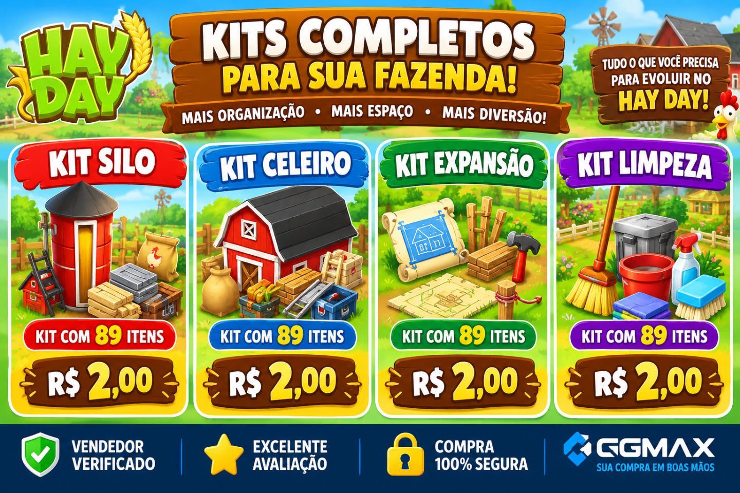 HAY DAY - KITS DE UPGRADE 89 ITENS - CELEIRO / SILO / EXPANSÃO