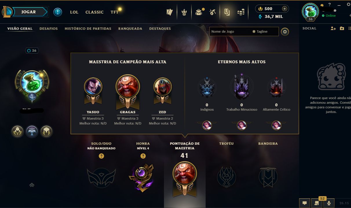 Conta LoL Smurf | MMR Gold | 45 Campeões | 38 Skins | Nível 36