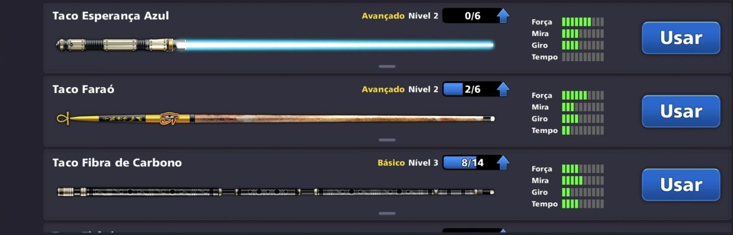 Conta 8 boll pool, com várias medalhas e tacos